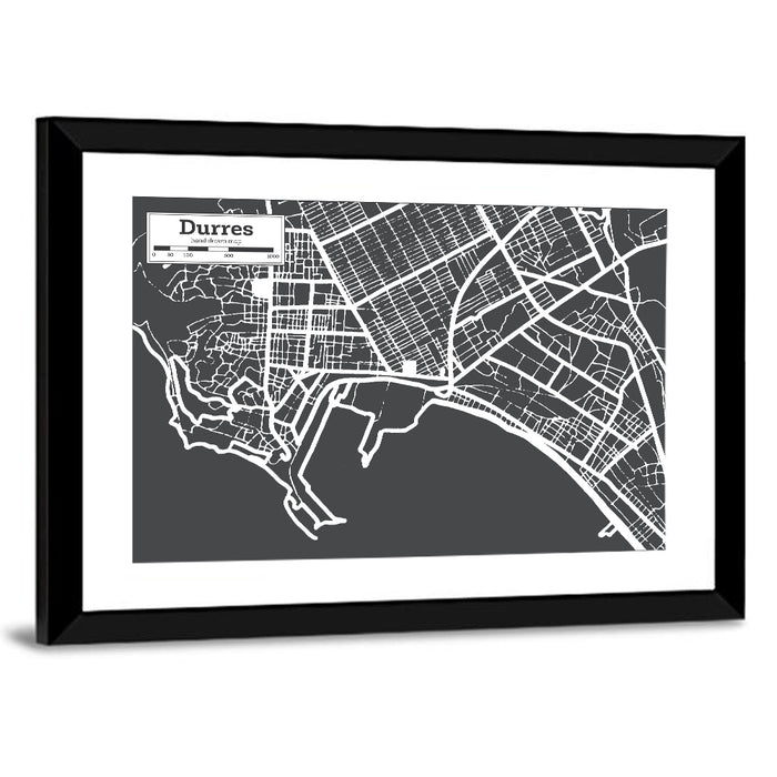 Durres City Map Wall Art as a framed print