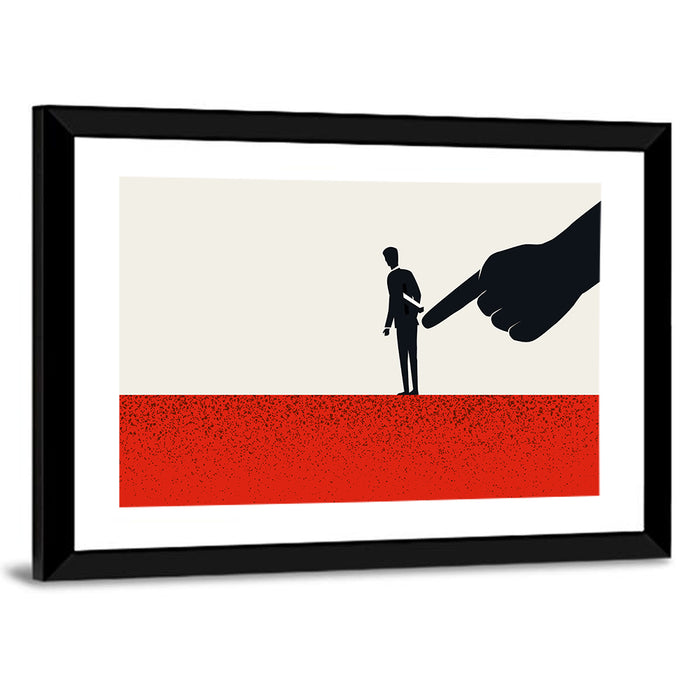 Giant Hand Pointing at Man Wall Art as a framed print