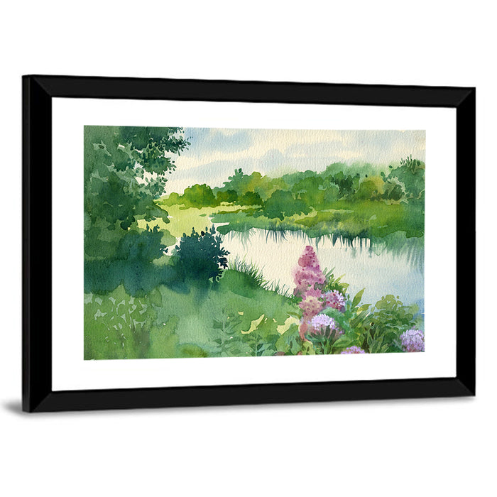 Lake Reflection with Purple Flowers Wall Art as a framed print
