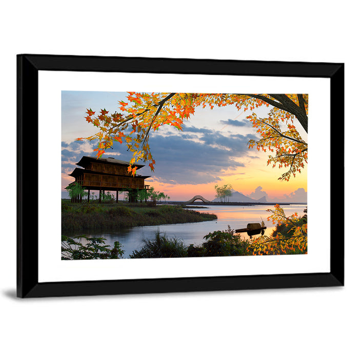Chinese Lakeside at Dusk Wall Art as a framed print
