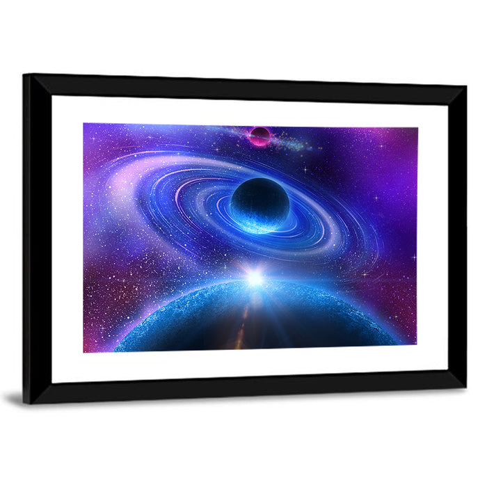 Starburst Over Ringed Planet Wall Art as a framed print