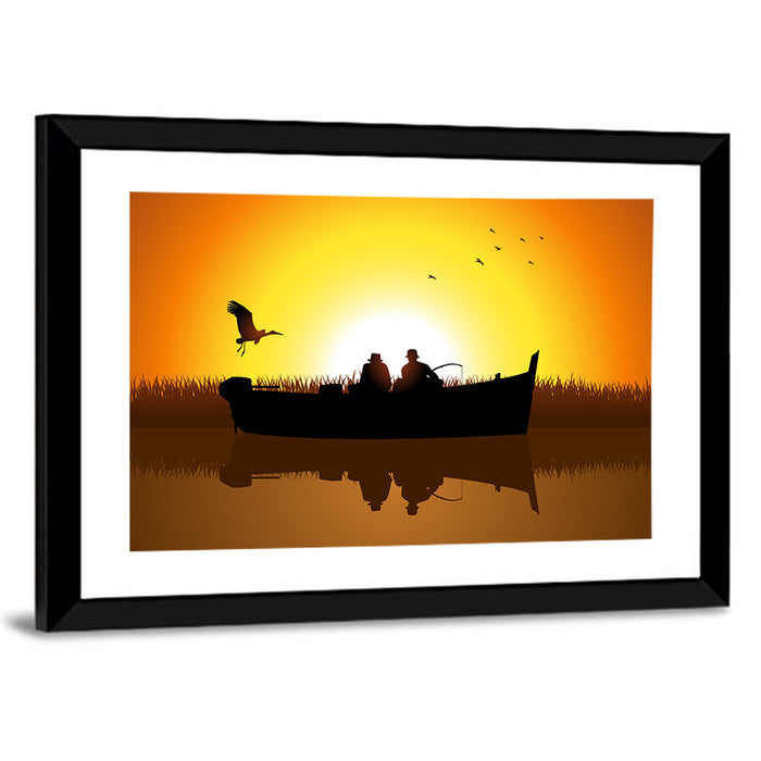 Sunset Fishing Silhouette Wall Art as a framed print