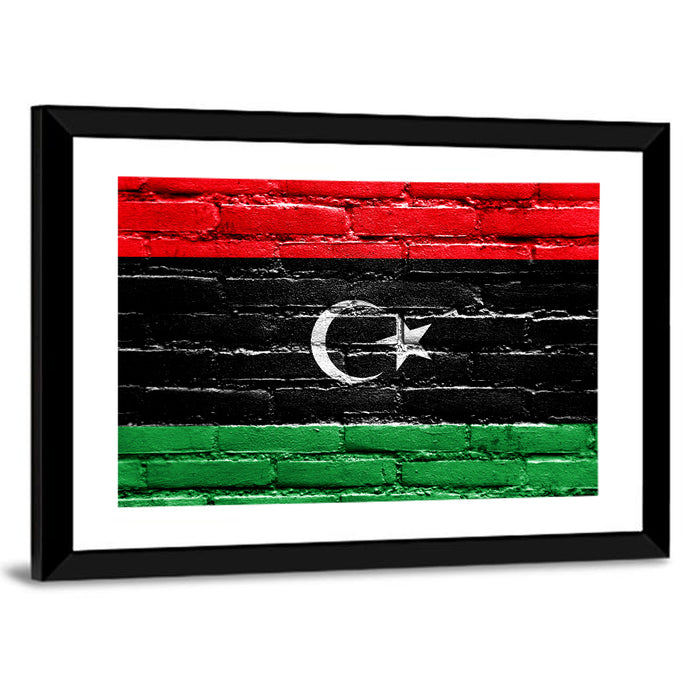 Libyan Flag on Distressed Brick Wall Art as a framed print
