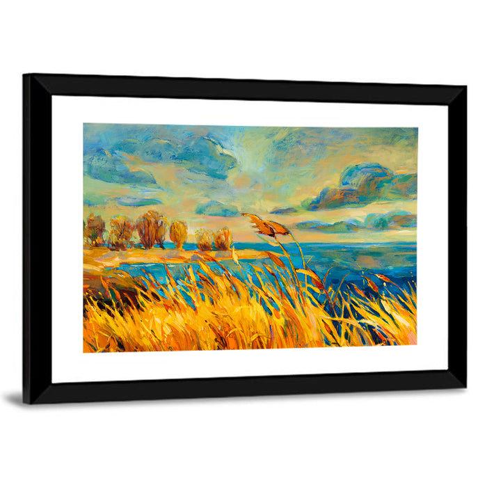 Golden Hour Lake with Tall Grass Wall Art as a framed print