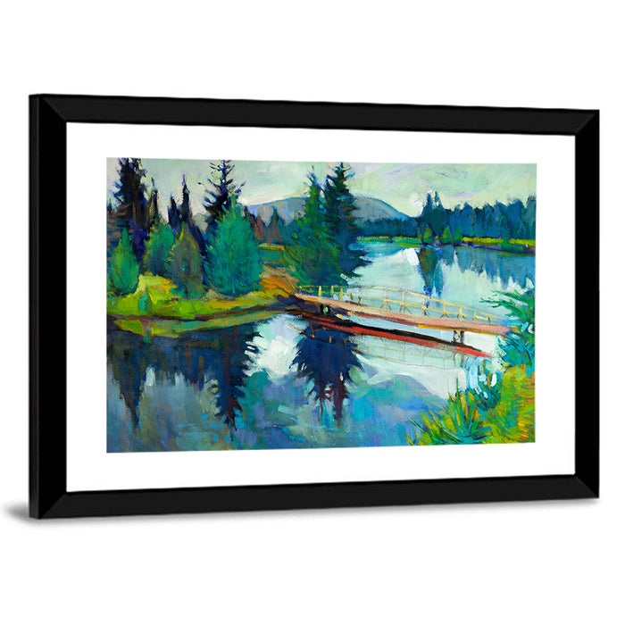 Forest Bridge Reflection Illustration Wall Art as a framed print