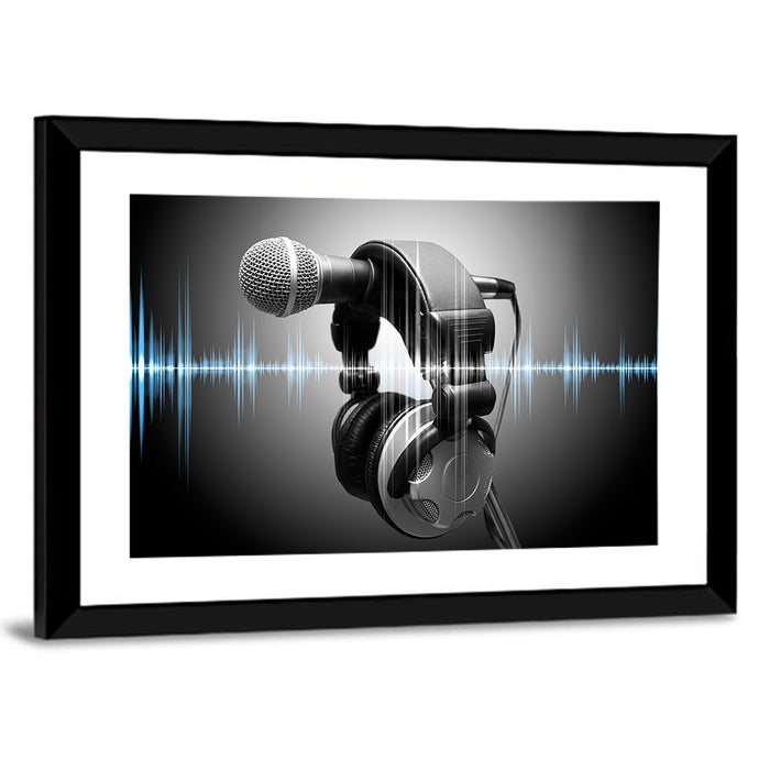 Headphones on Microphone with Sound Waves Wall Art as a framed print
