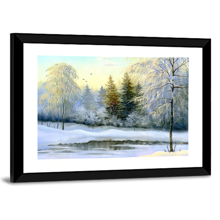 Golden Light on Frozen River Wall Art as a framed print