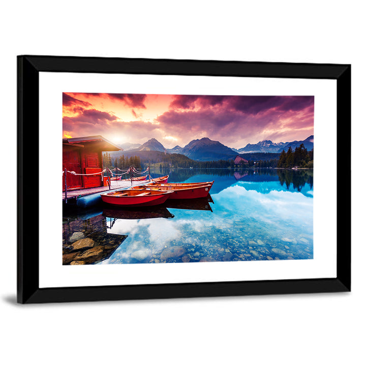 High Tatras Sunset Lake with Red Boats Wall Art