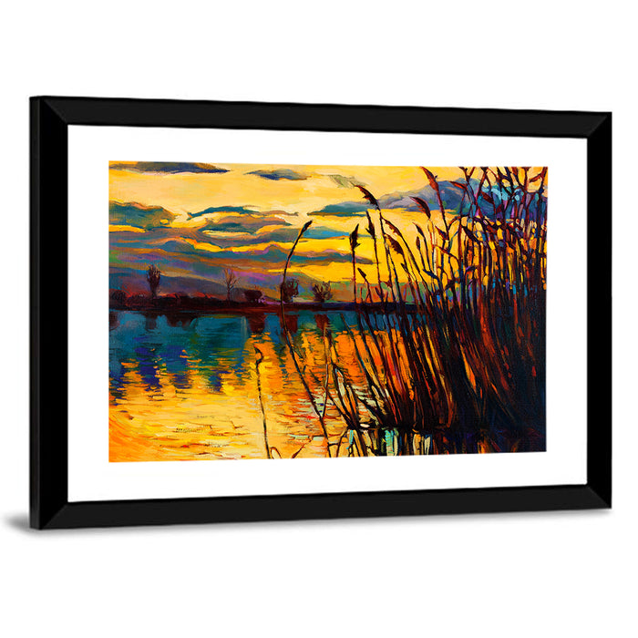 Sunset Lake with Reeds Wall Art as a framed print