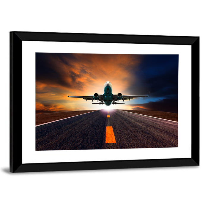 Passenger Jet Landing at Sunset Wall Art as a framed print