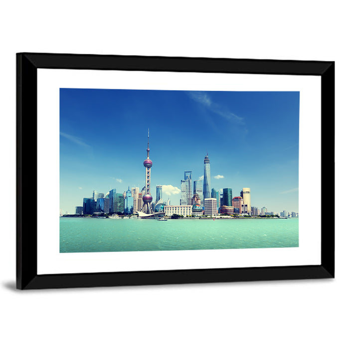 Shanghai Skyline Wall Art as a framed print
