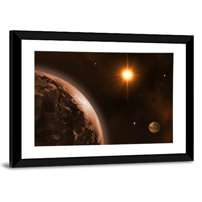 Crescent Planet with Golden Star and Moon Wall Art as a framed print
