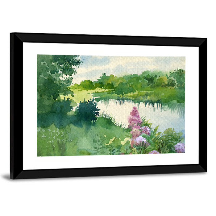 Serene River Watercolor Wall Art as a framed print