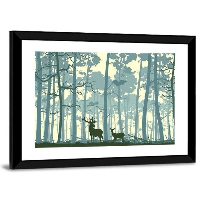 Deer Pair in Teal Forest Wall Art as a framed print