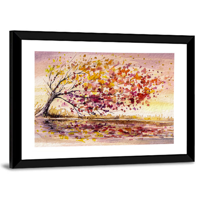 Windblown Autumn Tree Reflection Wall Art as a framed print