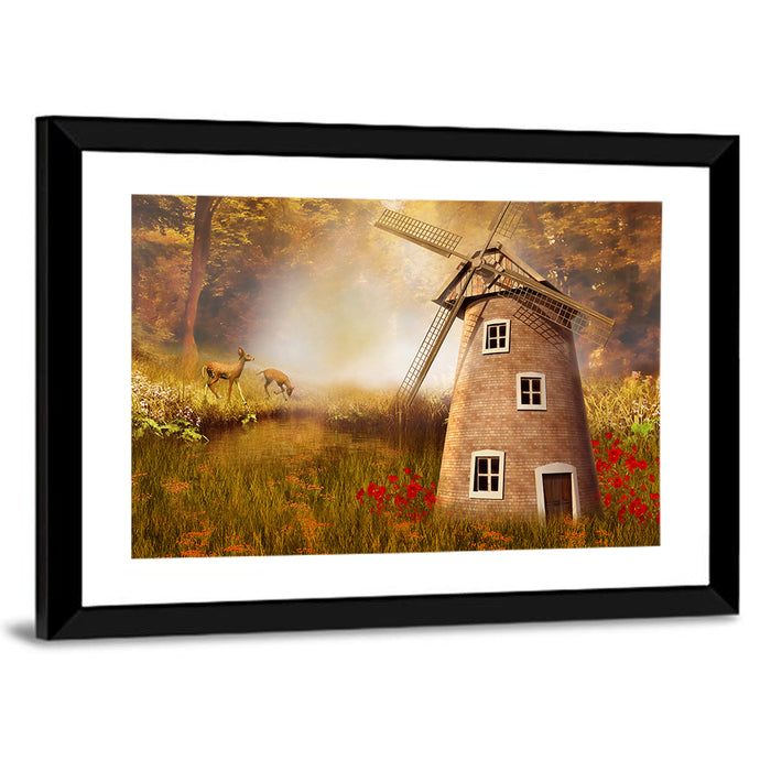 Autumn Windmill in Forest Clearing Wall Art as a framed print