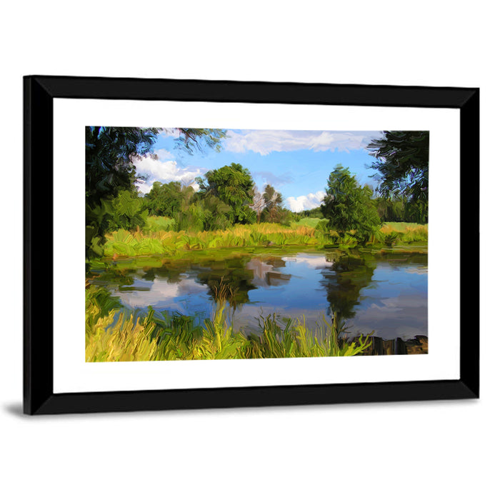 Blue Lake Reflection Illustration Wall Art as a framed print