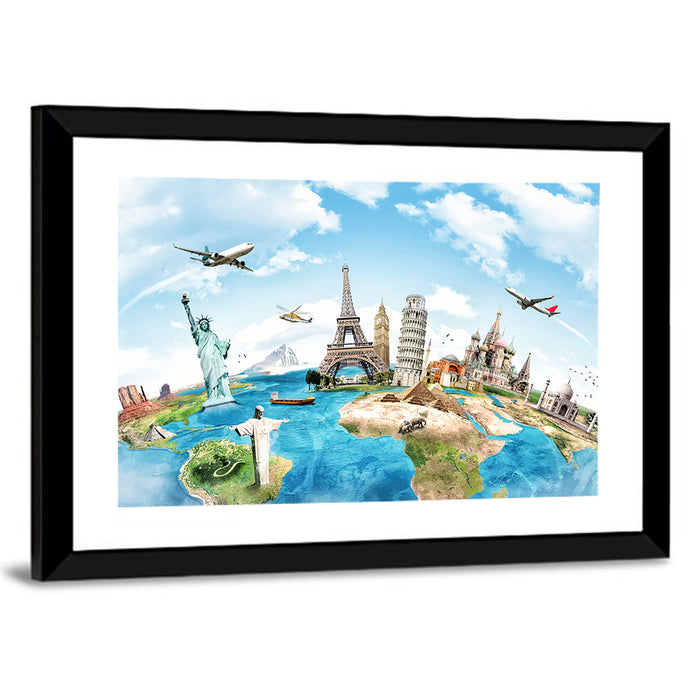 World Monuments Map Wall Art as a framed print