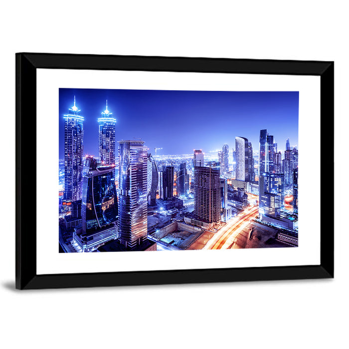 Downtown Dubai Night Skyline Wall Art as a framed print