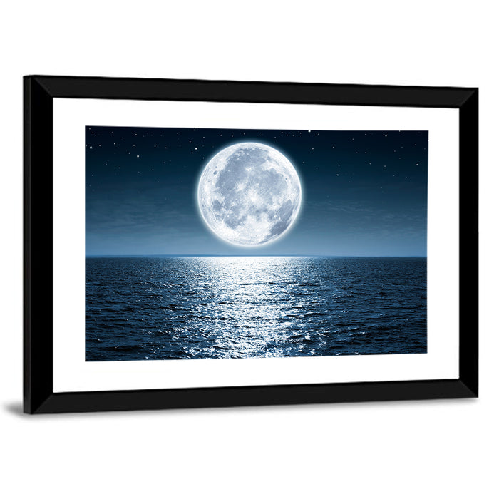 Full Moon Rising Over Ocean Wall Art as a framed print
