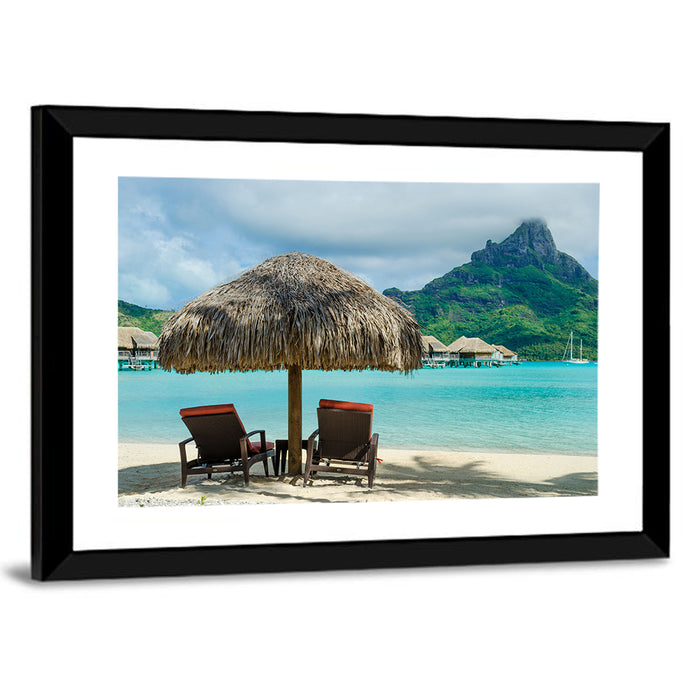 Bora Bora Lagoon with Thatched Umbrella Wall Art as a framed print
