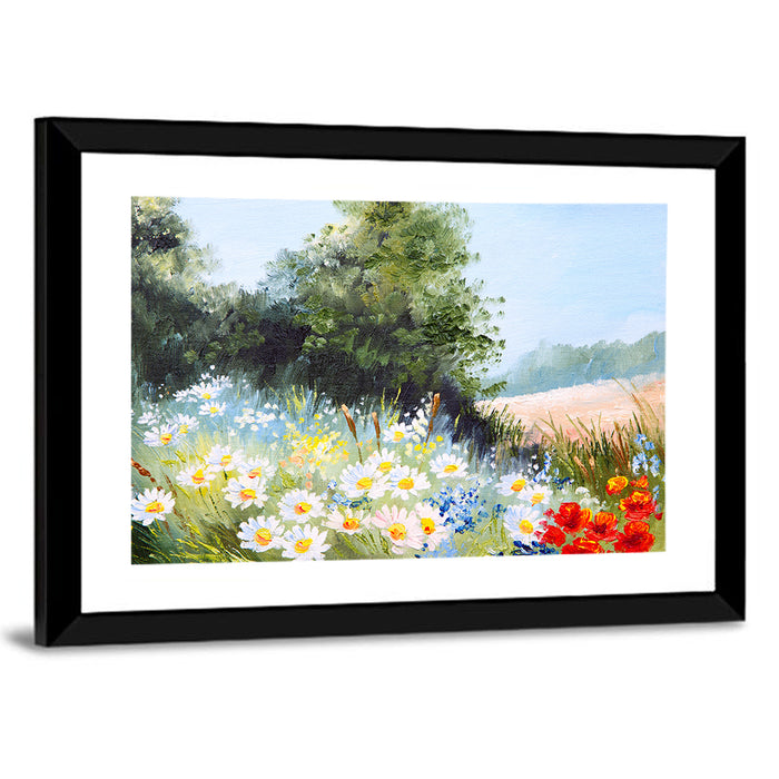 Daisy Meadow with Red Poppies Wall Art as a framed print