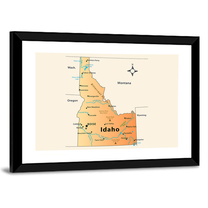 Idaho Cartographic Map Wall Art as a framed print