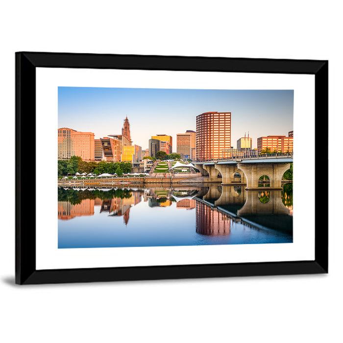 Hartford Skyline with River Reflection Wall Art as a framed print