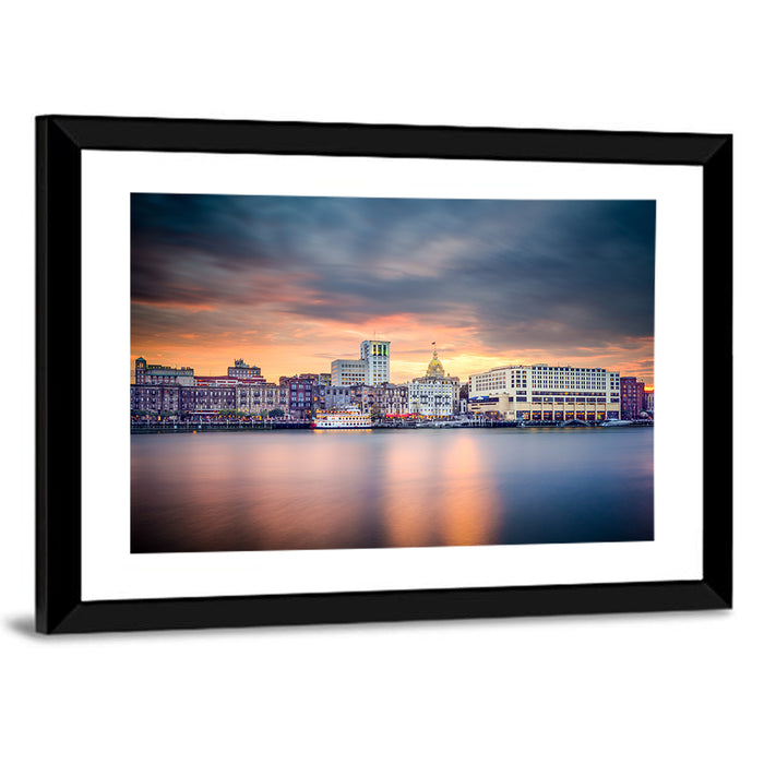 Savannah Riverfront Sunset Skyline Wall Art as a framed print
