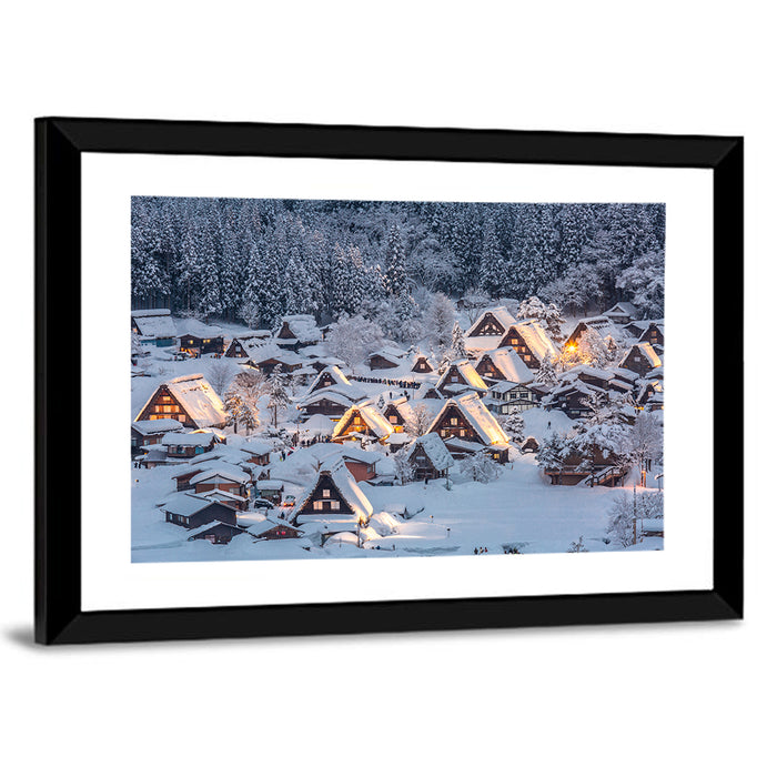 Shirakawa-go Lighted Village Wall Art as a framed print