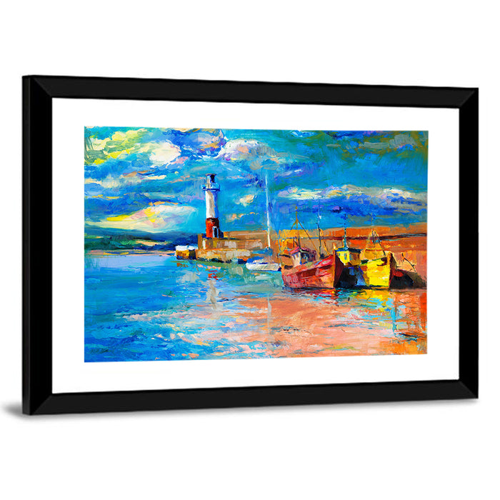 Lighthouse Harbor Sunset Wall Art as a framed print