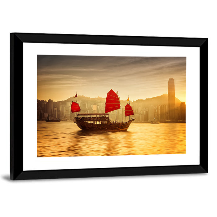 Victoria Harbour Sunset Skyline Wall Art as a framed print