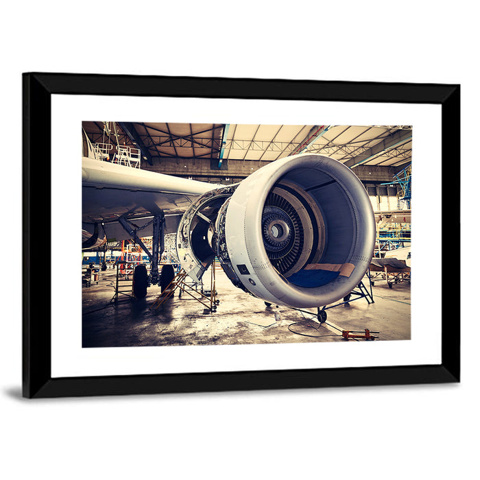 Open Jet Engine in Hangar Wall Art as a framed print