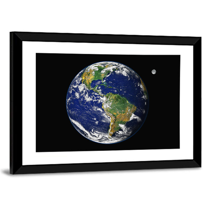 America from Space with Moon Wall Art as a framed print