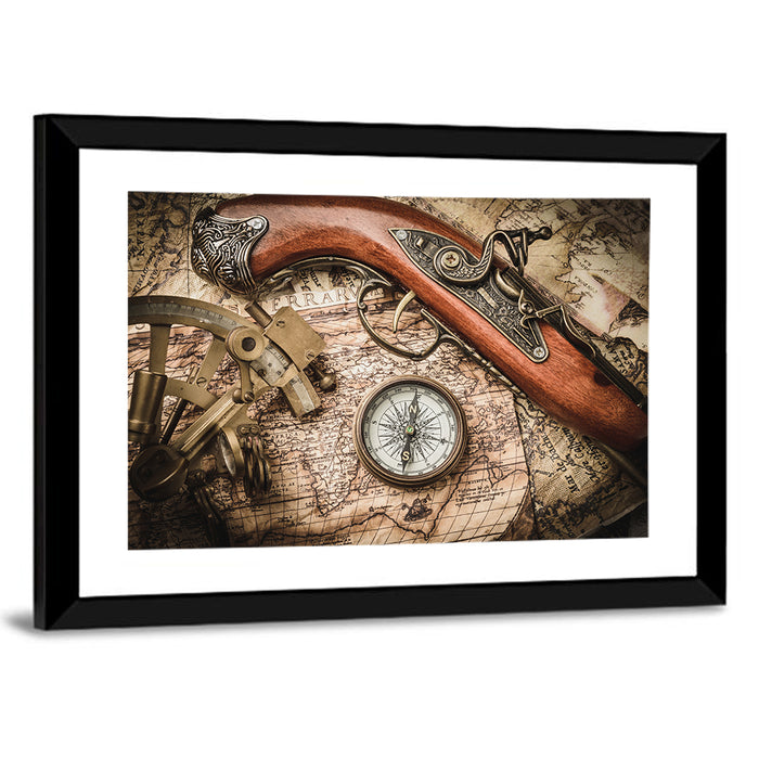 Antique Nautical Instruments with Flintlock Wall Art as a framed print