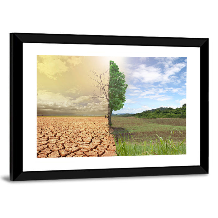 Split Landscape with Half-alive Tree Wall Art as a framed print