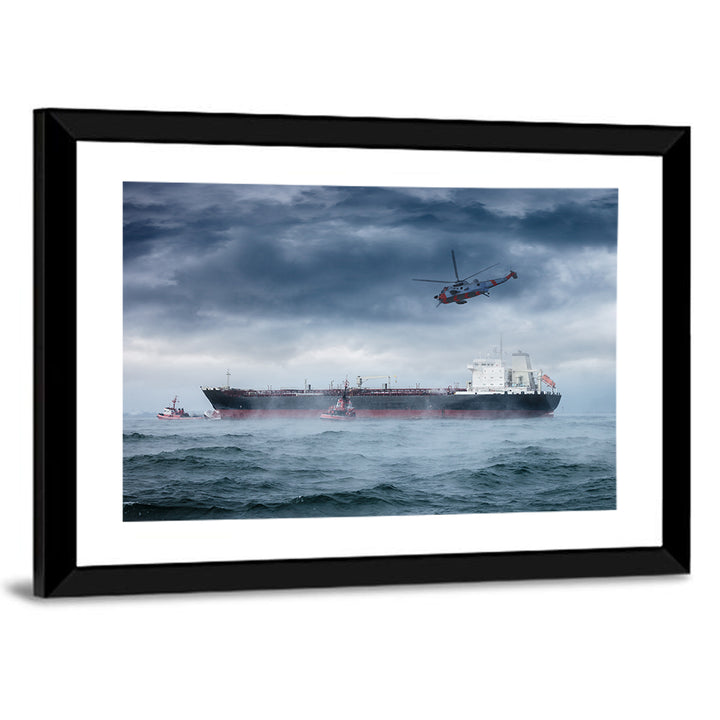 Rescue Helicopter Over Cargo Ship Wall Art