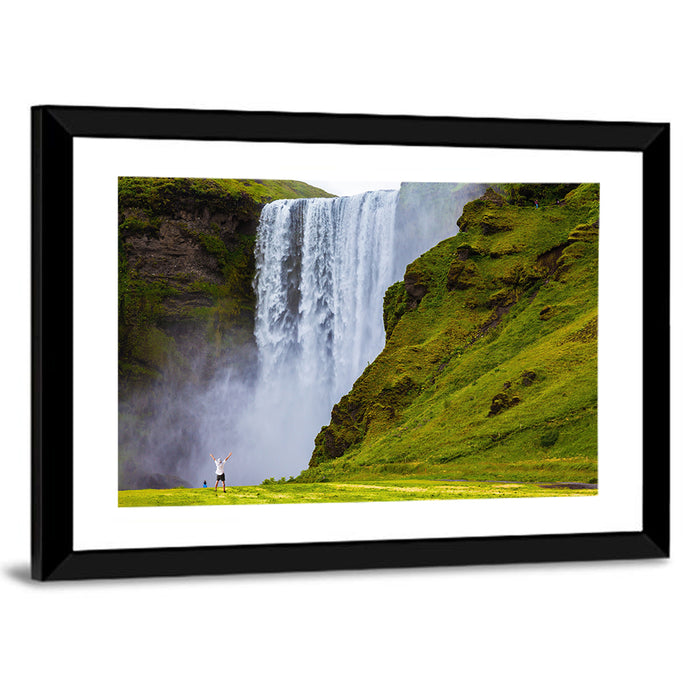 Skogafoss Waterfall with Moss Covered Cliffs Wall Art as a framed print