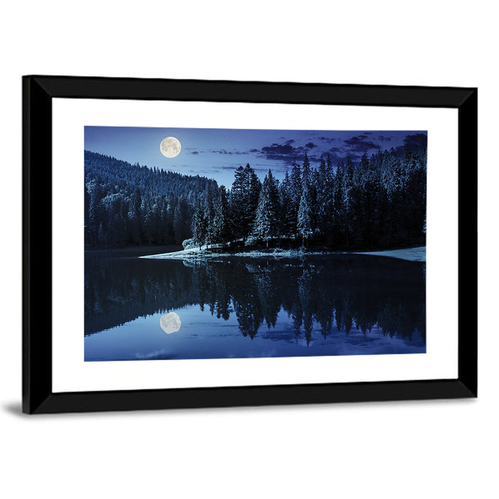 Moonlit Pine Lake Wall Art as a framed print