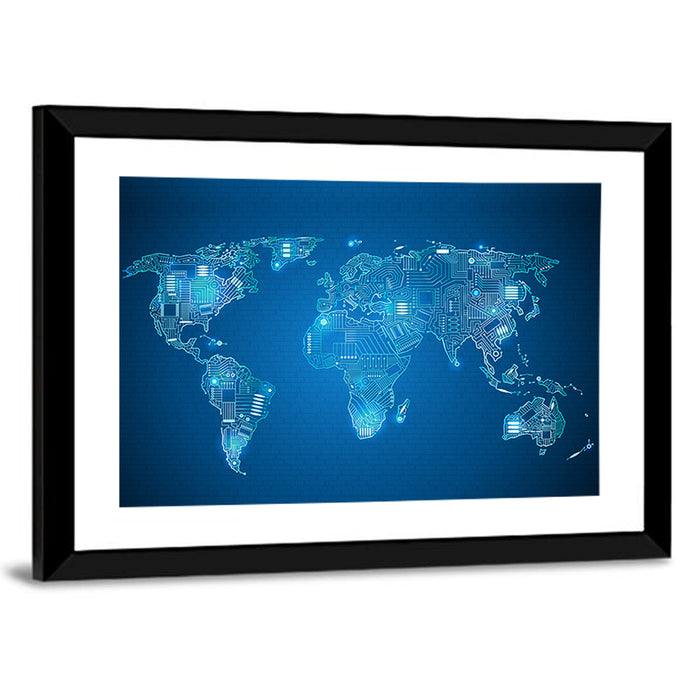 Digital Circuit World Map Wall Art as a framed print