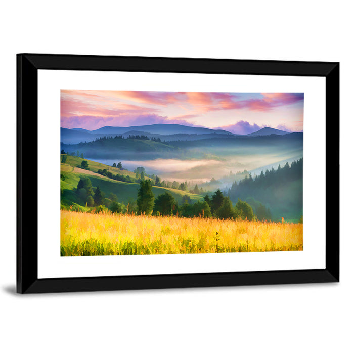 Sunrise Mist Over Mountain Meadow Wall Art as a framed print