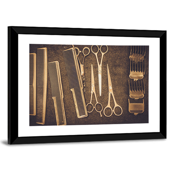 Barber Tools Flat Lay Wall Art as a framed print