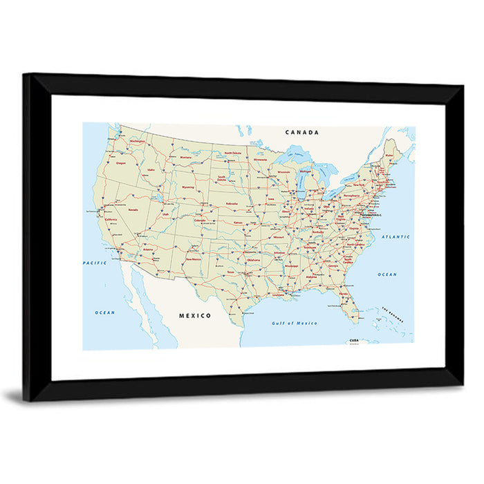 United States Interstate Map Wall Art as a framed print