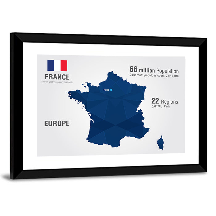 Geometric France Map with Flag Wall Art as a framed print