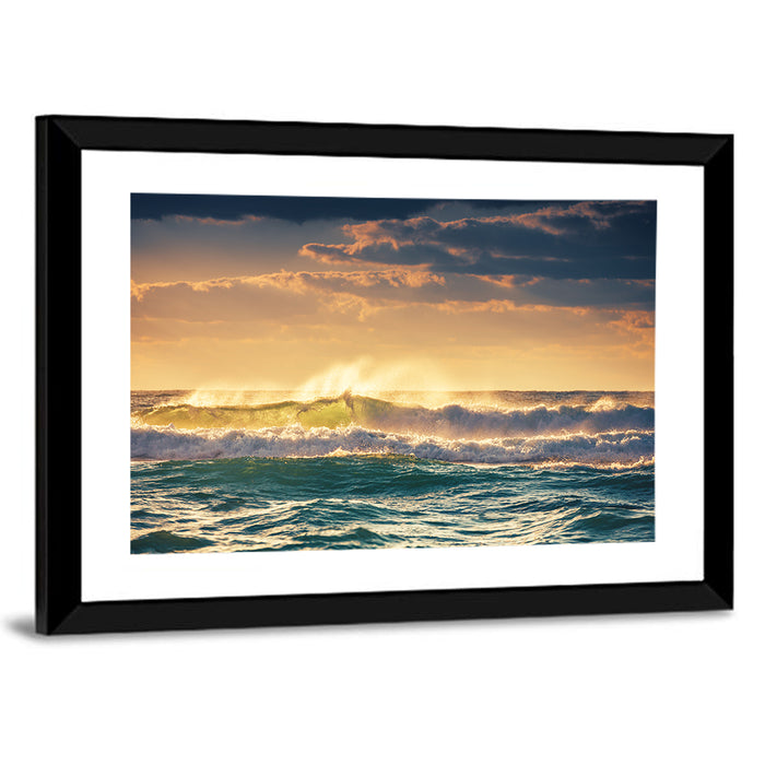 Golden Hour Breaking Waves Wall Art as a framed print