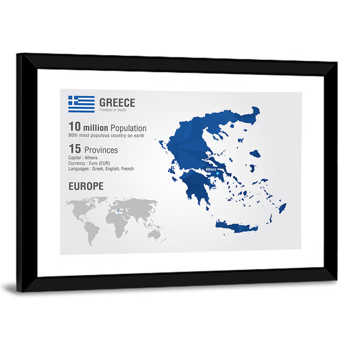 Low-poly Map of Greece Wall Art as a framed print