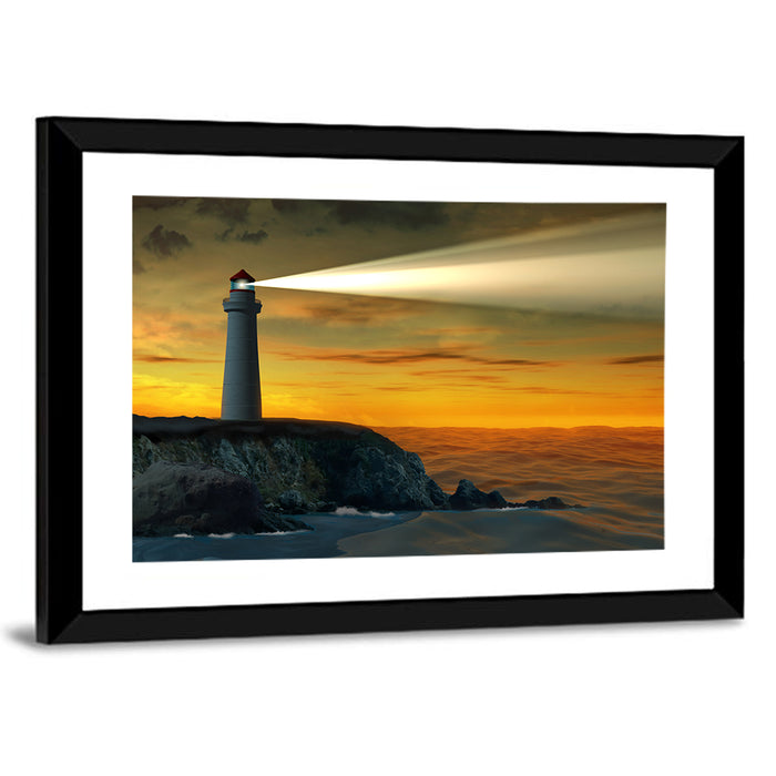 Solitary Lighthouse at Sunset Wall Art as a framed print