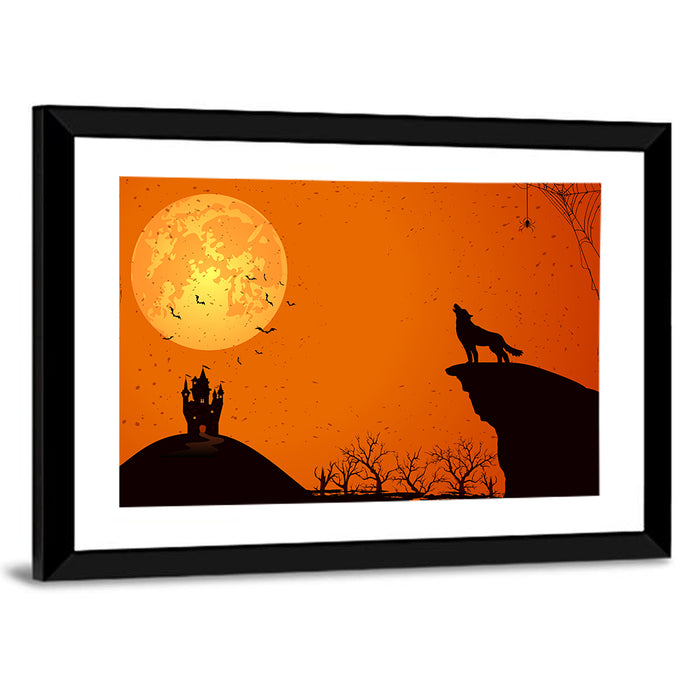 Howling Wolf Under Full Moon Wall Art as a framed print