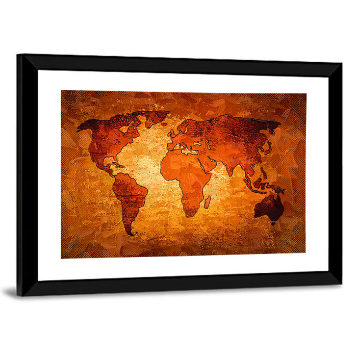 Glowing Orange World Map Wall Art as a framed print