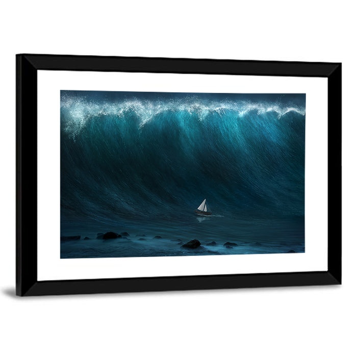 Sailboat Against Giant Wave Wall Art as a framed print